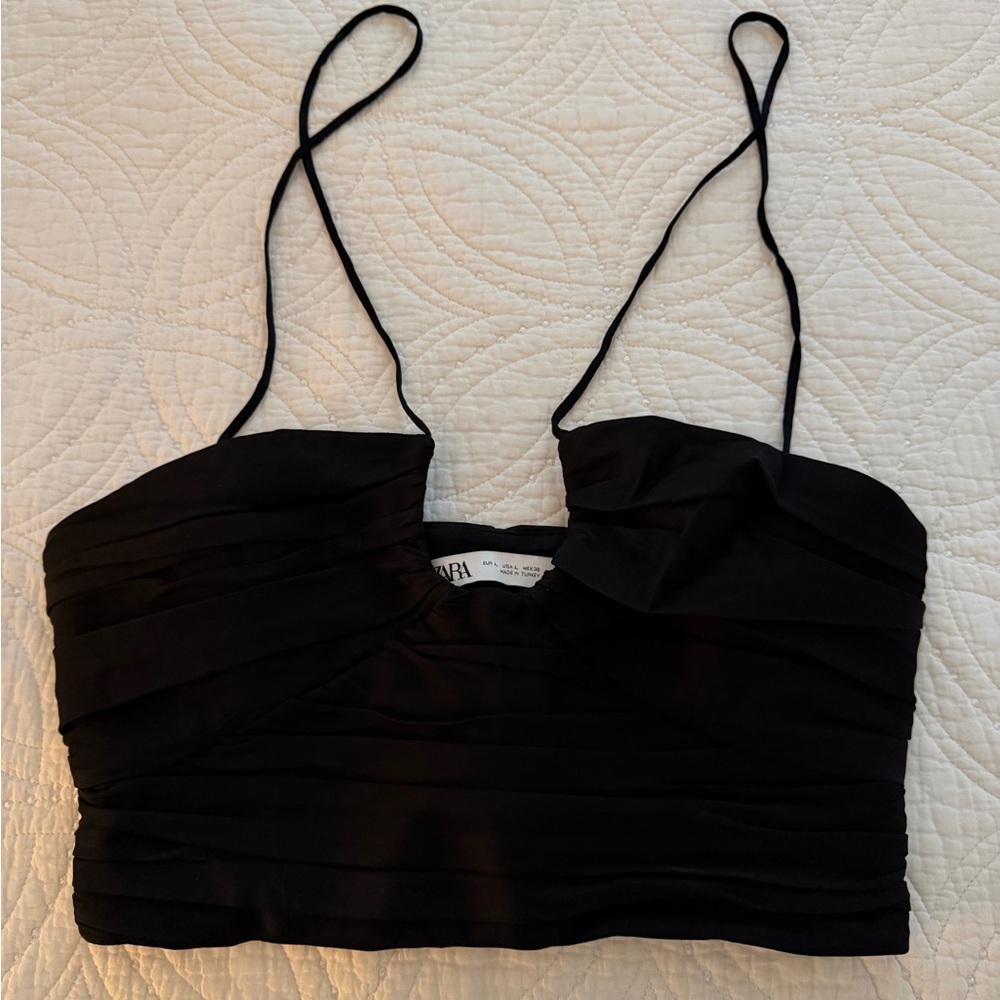 ZARA Black Ruched Spaghetti-Strap Crop Camisole